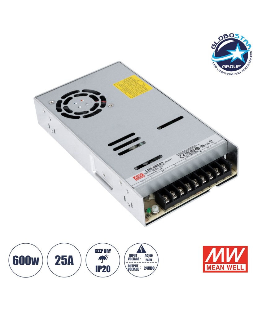 GLOBOSTAR® MEANWELL-LRS600-24 90788 Τροφοδοτικό-Μετασχηματιστής PELV 600W 25A DC 24V IP20 - AC 220-240V σε DC 24V - Ρυθμιζόμενo από 22.8VDC έως 26.4VDC - Μ22.5 x Π12.4 x Υ4.1cm - 3 Χρόνια Εγγύηση